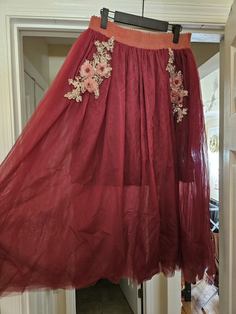 NWT Aratta Embellished Burgundy Tulle Maxi Skirt